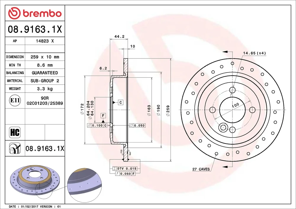 Brzdový kotouč BREMBO 08.9163.1X – OE 34211503070 Brzdový kotouč BREMBO 08.9163.1X – OE 34211503070