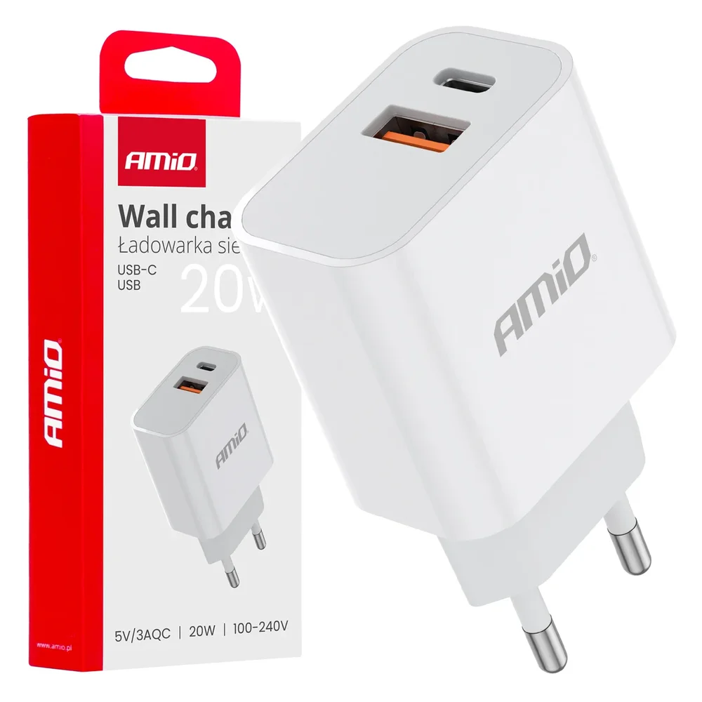 PRO-09 SÍŤOVÁ NABÍJEČKA USB+USB-C 20W AMIO 02935