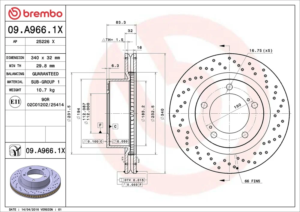 Brzdový kotouč BREMBO 09.A966.1X – OE 4351260180