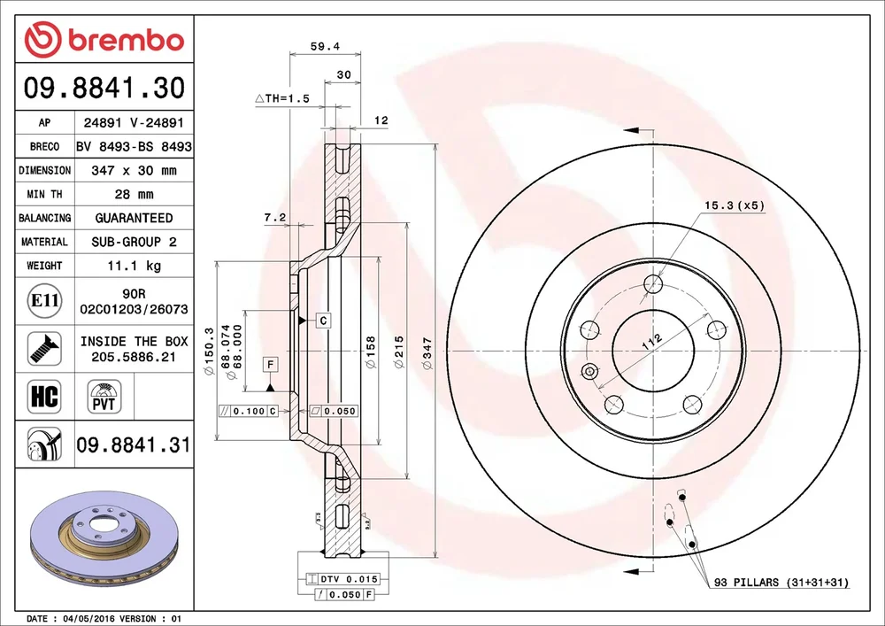 Brzdový kotouč BREMBO 09.8841.31 – OE 4F0615301G