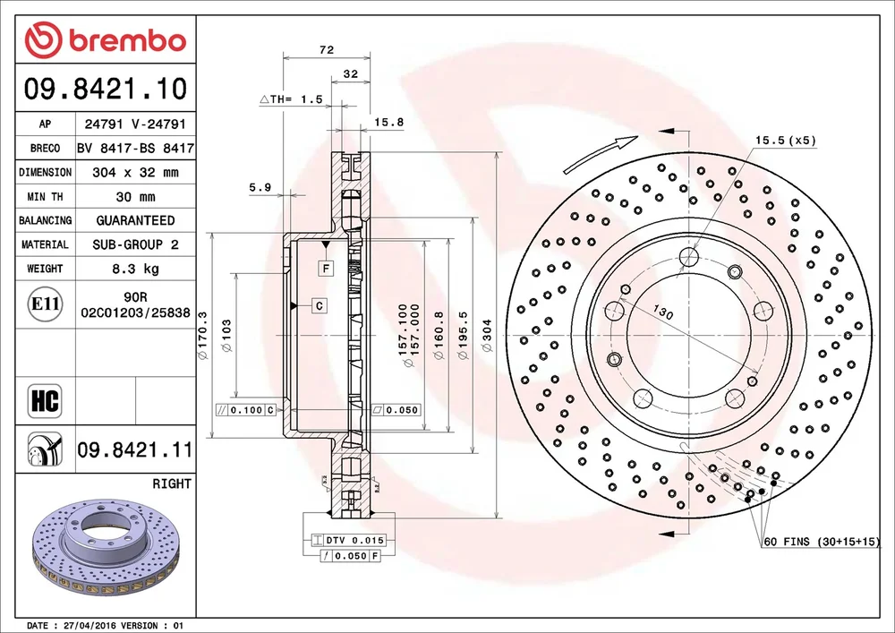 Brzdový kotouč BREMBO 09.8421.11 – OE 99335104401