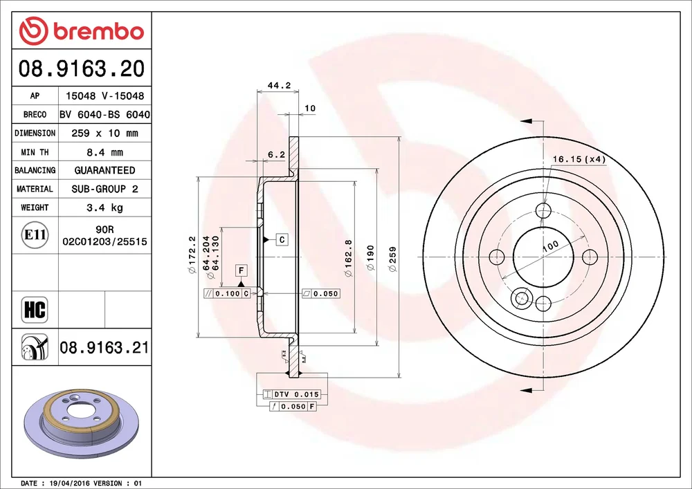 Brzdový kotouč BREMBO 08.9163.21 – OE 34216774987