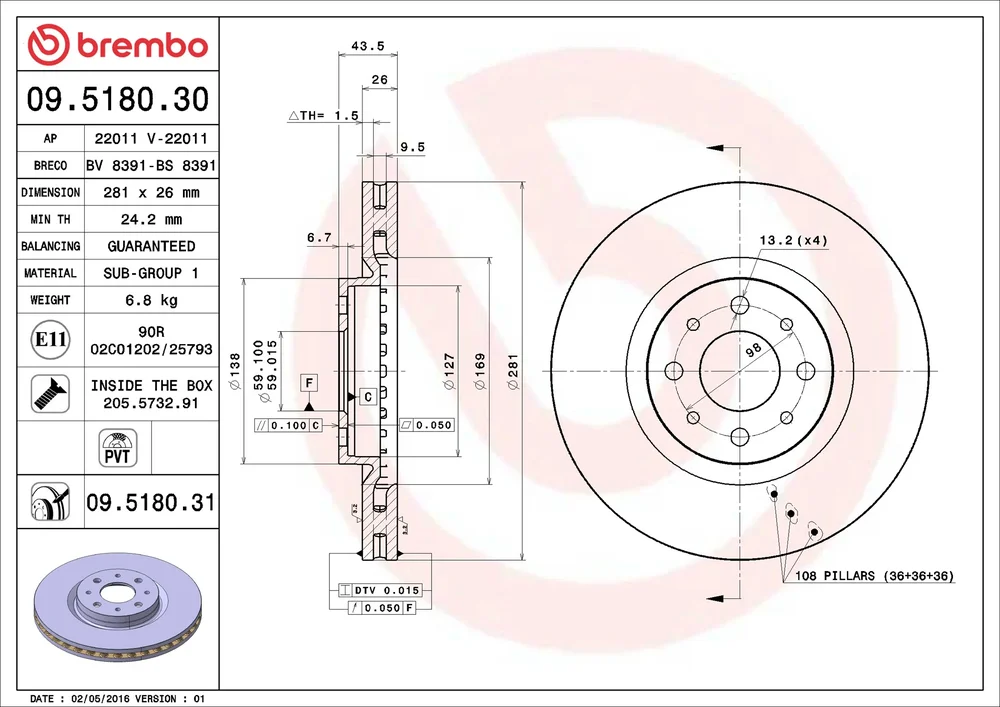 Brzdový kotouč BREMBO 09.5180.31