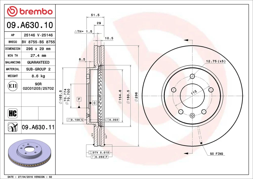 Brzdový kotouč BREMBO 09.A630.11