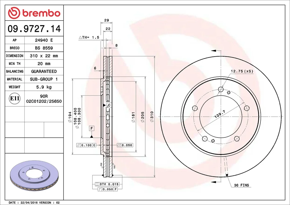 Brzdový kotouč BREMBO 09.9727.14