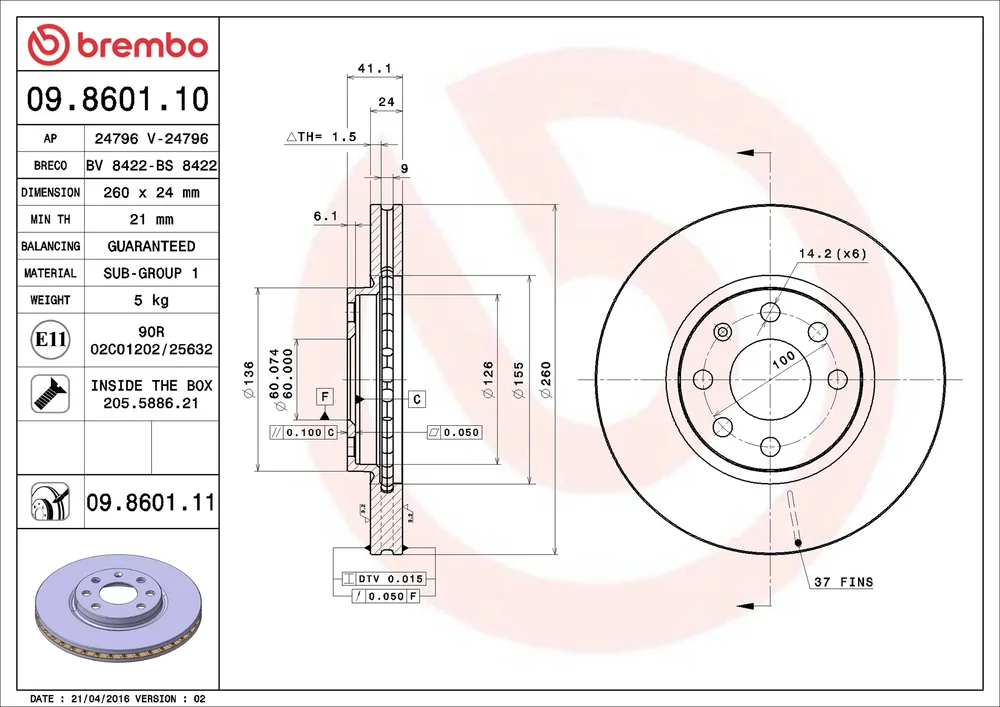 Brzdový kotouč BREMBO 09.8601.11