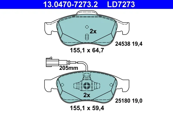 Sada brzdových destiček, kotoučová brzda ATE 13.0470-7273.2 Sada brzdových destiček, kotoučová brzda ATE 13.0470-7273.2