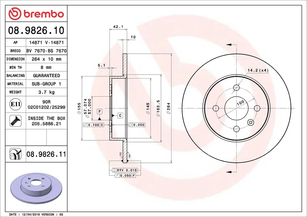 Brzdový kotouč BREMBO 08.9826.10